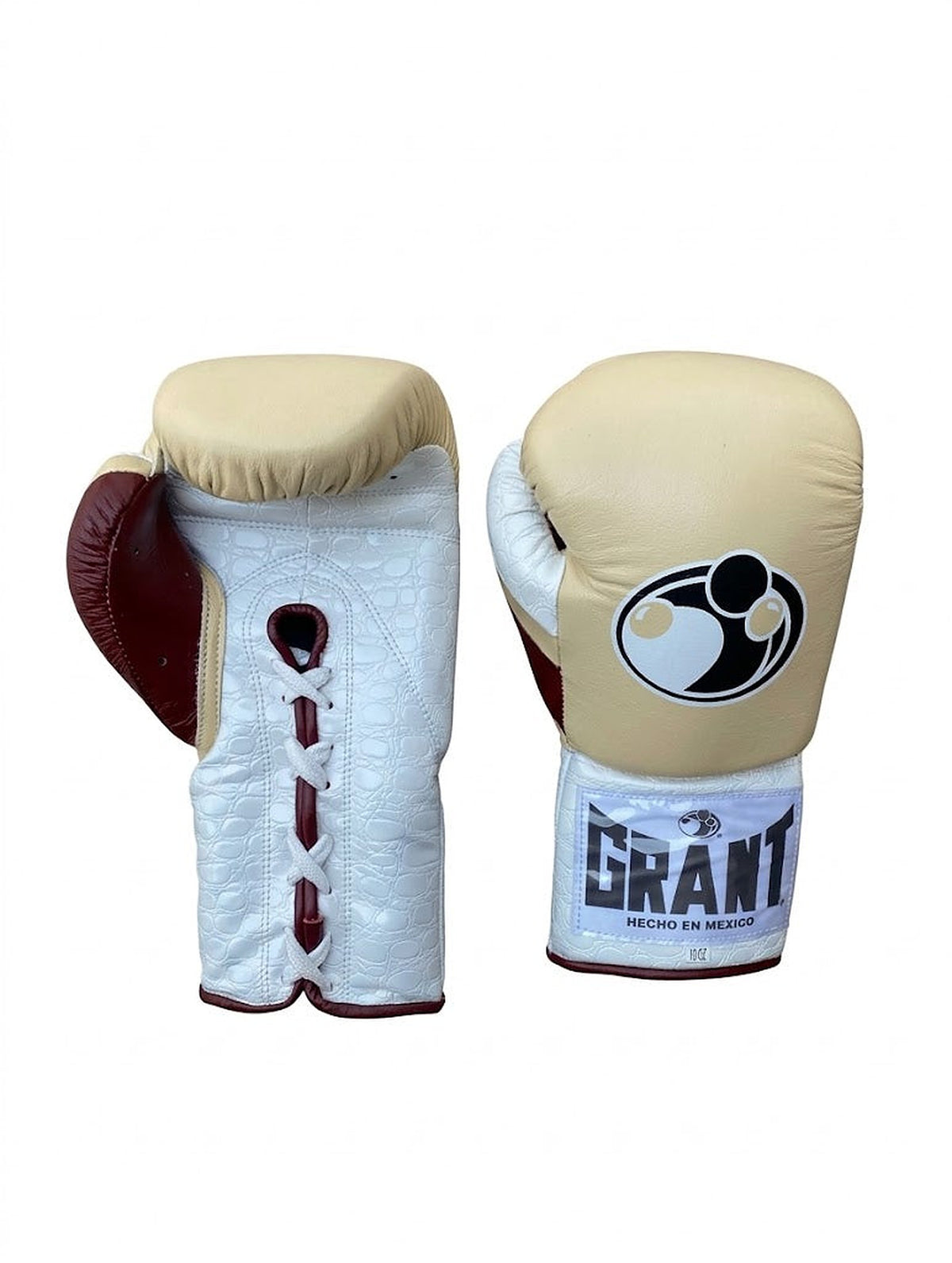 Grant beige boxing glove with white crocodile-embossed palm and brown thumb, shown in lace-up style - side view