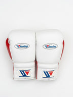Winning red and white split boxing set with lace-up gloves, headgear, groin guard and W logo - palm and closure detail