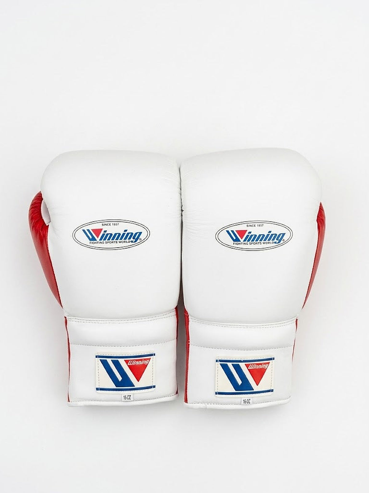 Winning red and white split boxing set with lace-up gloves, headgear, groin guard and W logo - palm and closure detail