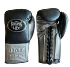 No Boxing No Life lace-up boxing gloves with black back and metallic silver palm and cuff