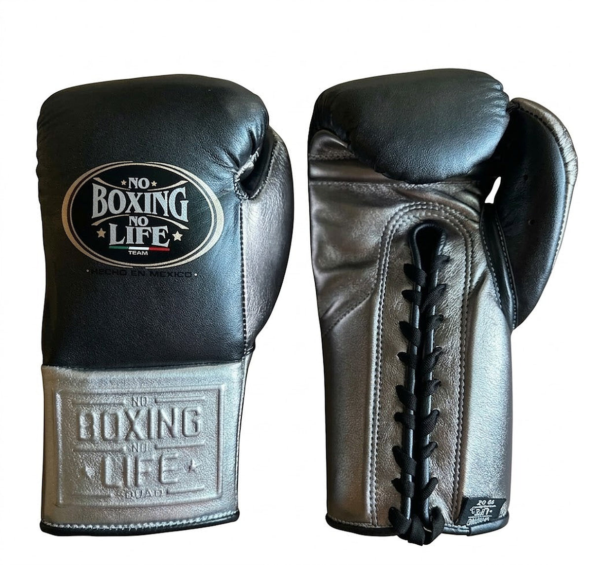 No Boxing No Life lace-up boxing gloves with black back and metallic silver palm and cuff