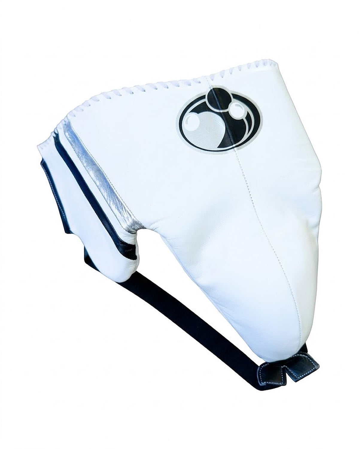 Grant white lace-up boxing gloves, white headgear and white groin guard outlined with black trim - palm and closure detail