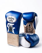 No Boxing No Life metallic royal blue lace-up gloves with champagne cuff, mascot logo and monogram