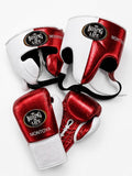 No Boxing No Life boxing set split half white and half metallic red, with lace-up gloves and headgear