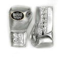 No Boxing No Life lace-up boxing gloves in full reflective metallic silver with white laces