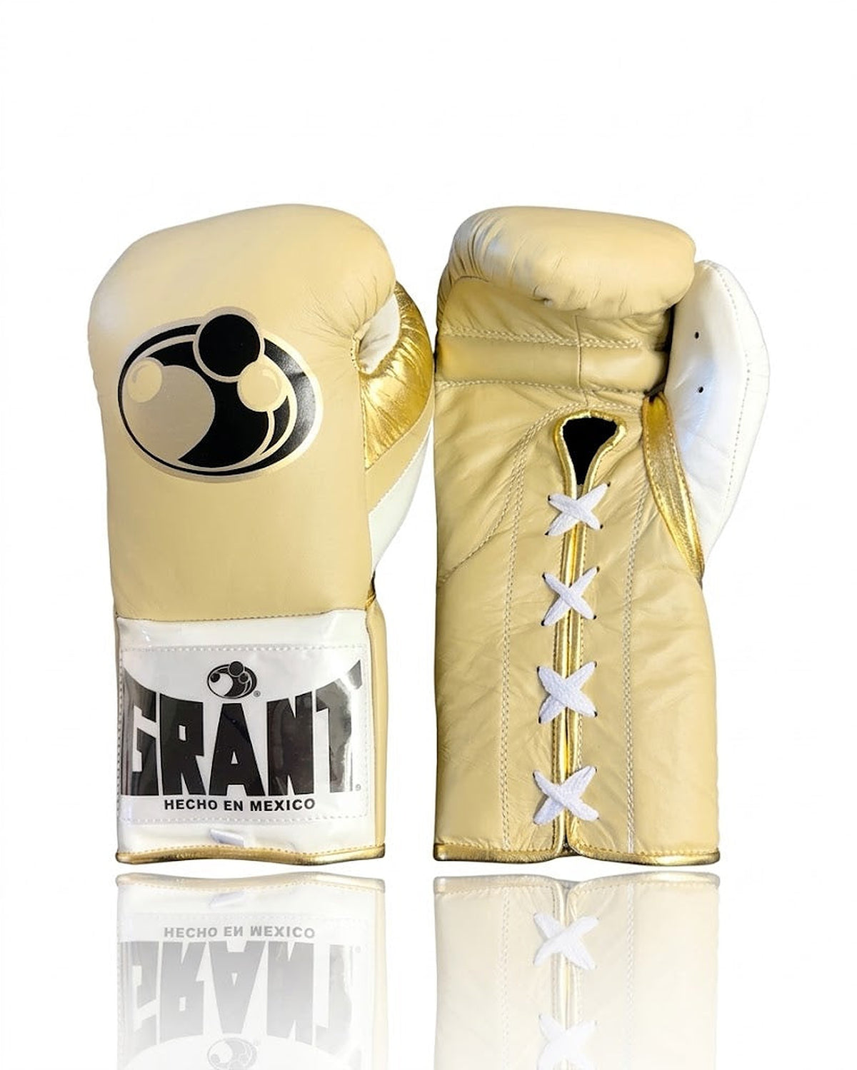 Grant cream beige lace-up boxing gloves with white laces and a soft vintage finish throughout