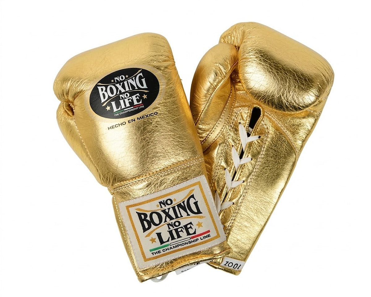 No Boxing No Life shiny metallic gold lace-up boxing gloves with bright white laces down the wrist