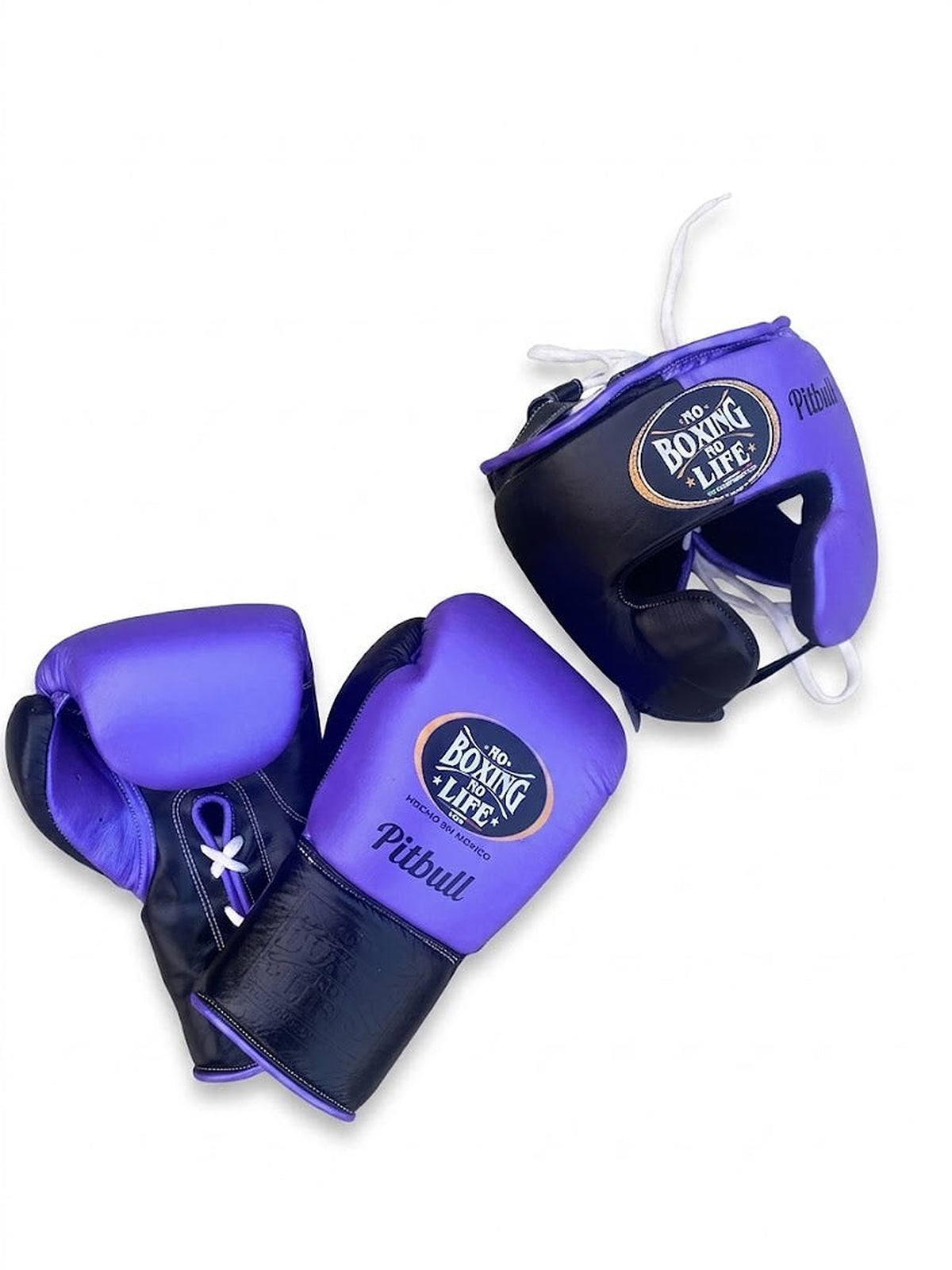 No Boxing No Life lavender purple boxing set with black accents: gloves, headgear and groin guard - close-up of logo and cuff