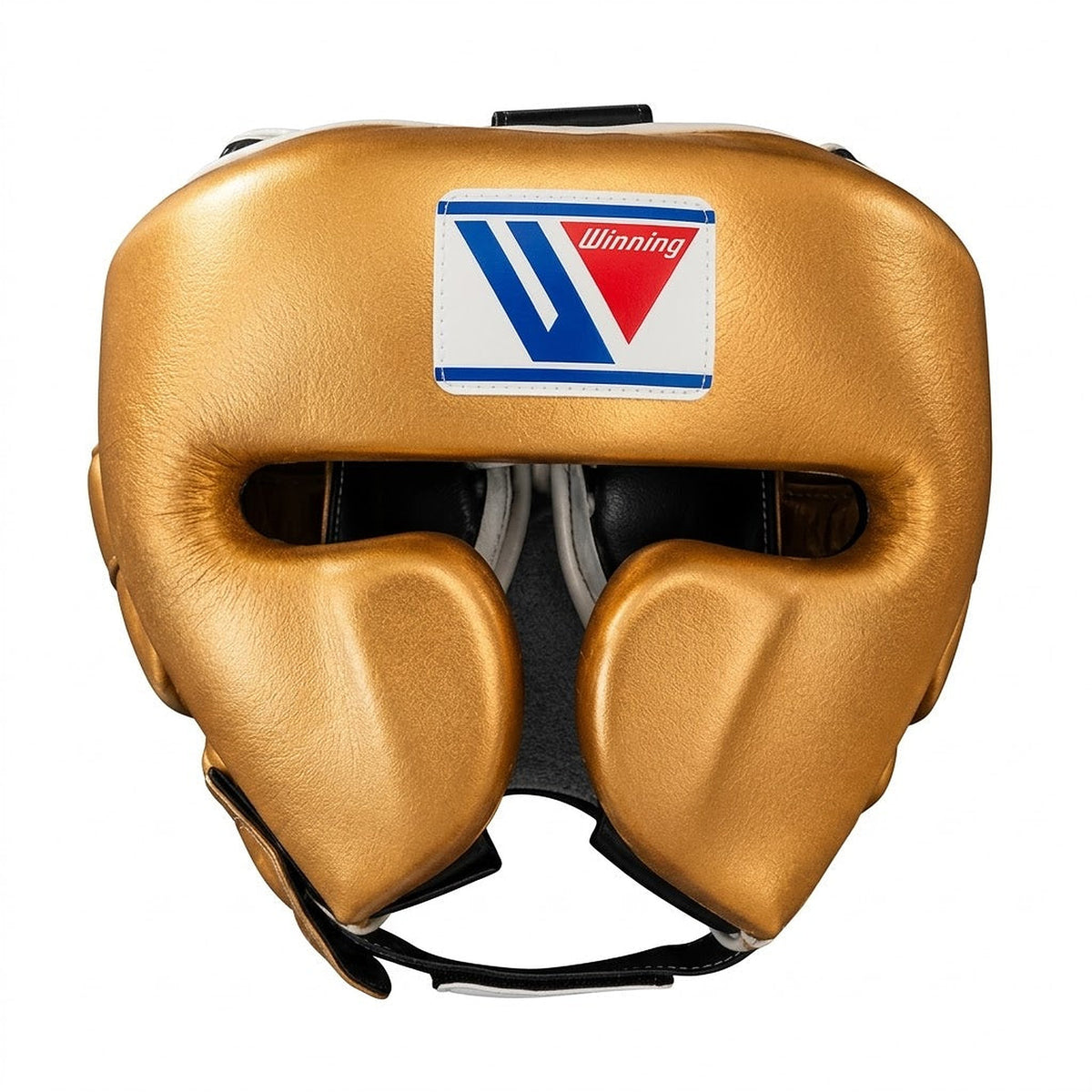 Winning cheek protector headgear in a warm metallic bronze-gold finish with an open face front