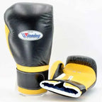 Winning MS-600-B Velcro boxing glove with black back, yellow palm and black and yellow wrist strap