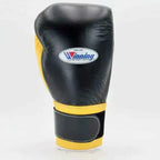 Winning MS-600-B Velcro boxing glove with black back, yellow palm and black and yellow wrist strap - side view