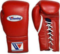 Winning lace-up boxing gloves in solid red leather with white laces and the W triangle logo on the cuff