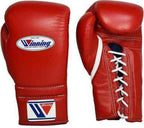 Winning lace-up boxing gloves in solid red leather with white laces and the W triangle logo on the cuff