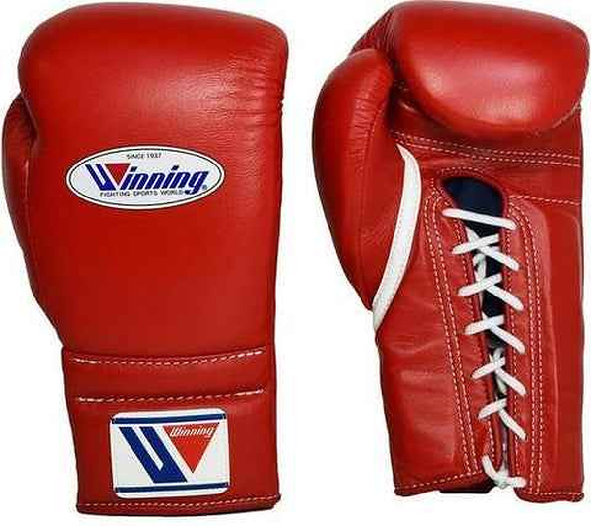 Winning lace-up boxing gloves in solid red leather with white laces and the W triangle logo on the cuff