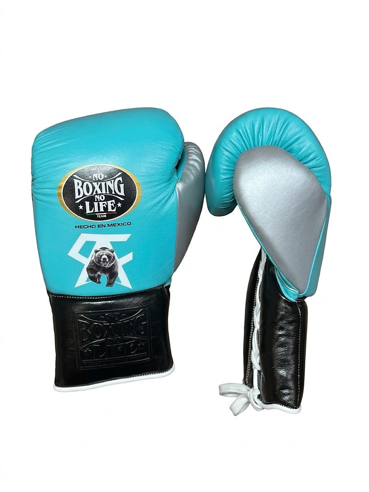 No Boxing No Life mint blue lace-up boxing gloves with black crocodile-embossed cuff and mascot logo - logo and cuff close-up