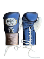 No Boxing No Life metallic royal blue lace-up gloves with champagne cuff, mascot logo and monogram - side view