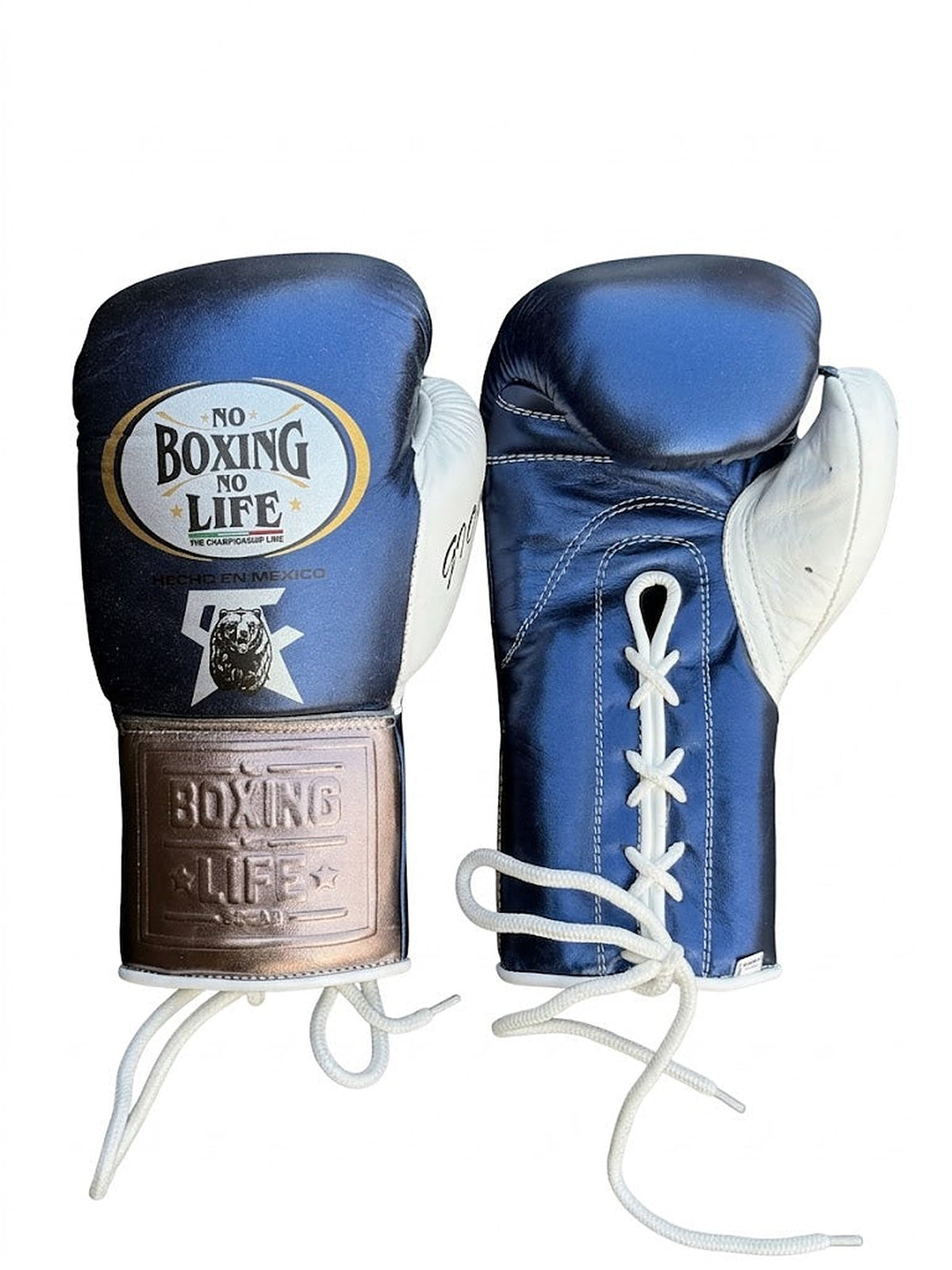 No Boxing No Life metallic royal blue lace-up gloves with champagne cuff, mascot logo and monogram - side view