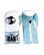 Grant boxing gloves with a white back and pastel light blue palm, shown in lace-up style