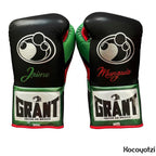 Grant black lace-up gloves, headgear and groin guard with green and red tricolor trim - side view