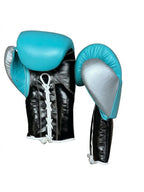 No Boxing No Life mint blue lace-up boxing gloves with black crocodile-embossed cuff and mascot logo - palm and closure