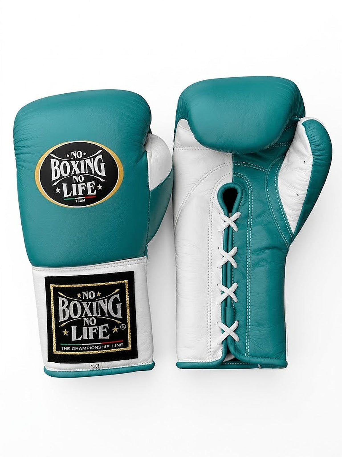 No Boxing No Life deep teal lace-up boxing gloves with white palm and black cuff patch