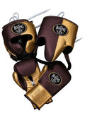 No Boxing No Life lace-up gloves, headgear and groin guard split in dark chocolate brown and gold