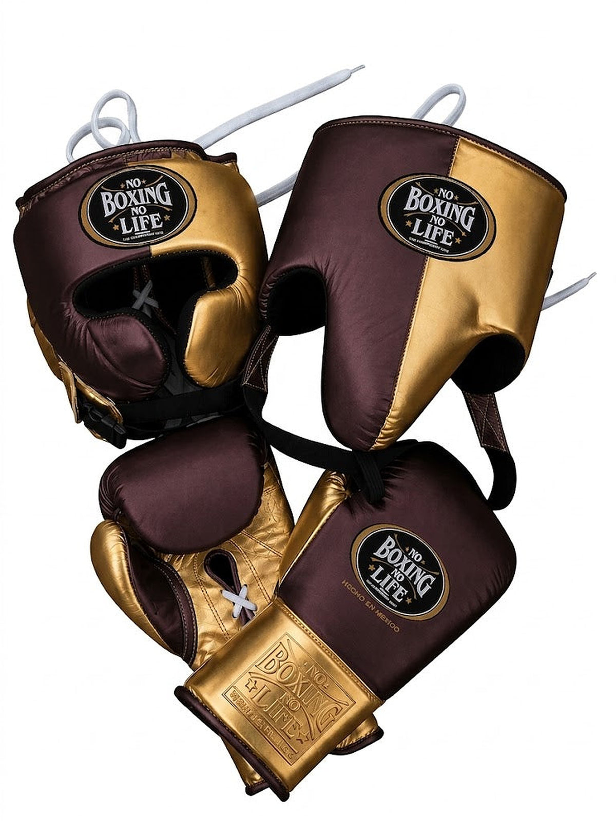 No Boxing No Life lace-up gloves, headgear and groin guard split in dark chocolate brown and gold