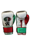 No Boxing No Life metallic silver Velcro gloves with green, white and red tricolor cuff and black monogram - alternate angle