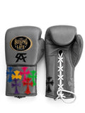 No Boxing No Life gray lace-up boxing gloves with multicolor cross patches on cuff and a black monogram