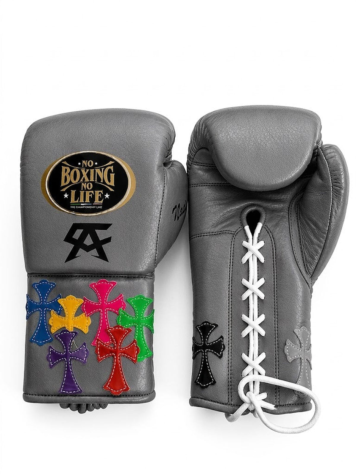 No Boxing No Life gray lace-up boxing gloves with multicolor cross patches on cuff and a black monogram
