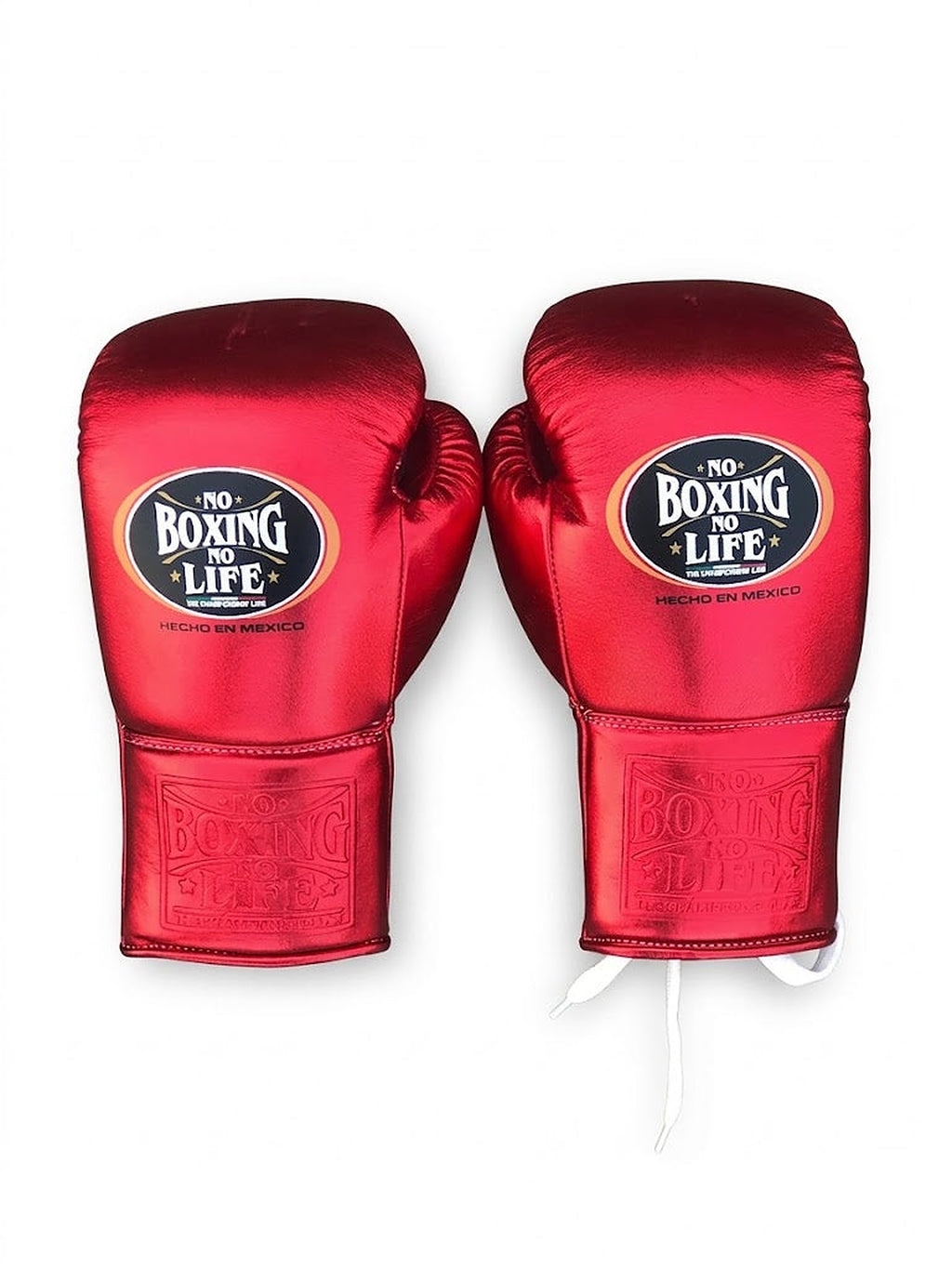 No Boxing No Life shiny metallic red lace-up boxing gloves with white laces down the wrist - palm and closure detail