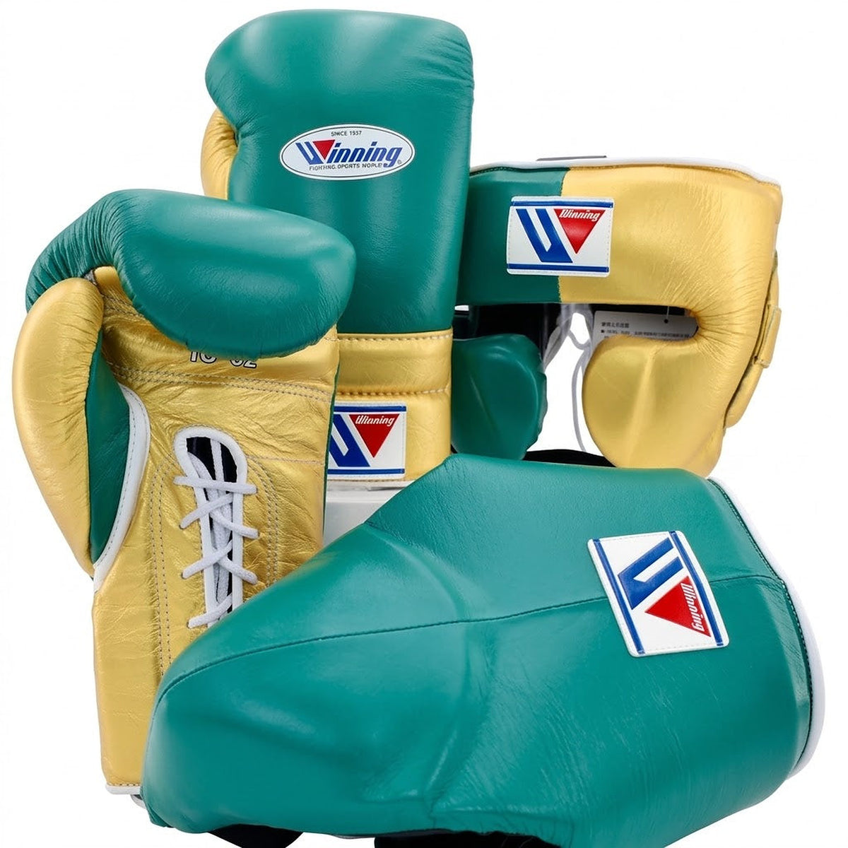Winning teal green and gold boxing set with lace-up gloves, headgear and groin guard, W triangle logo