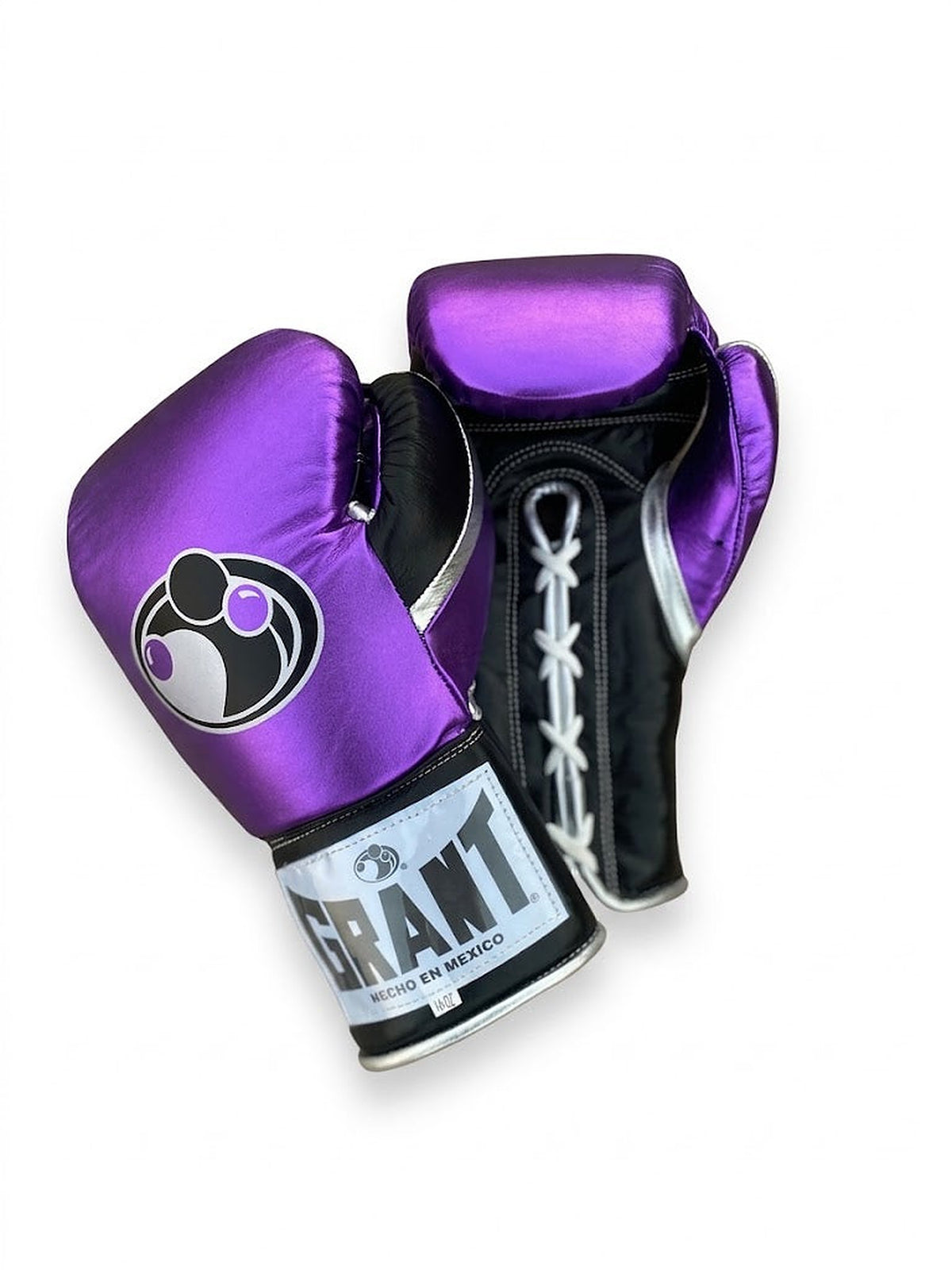 Grant boxing gloves with metallic violet back, black palm and black laces, shown in lace-up style - alternate angle