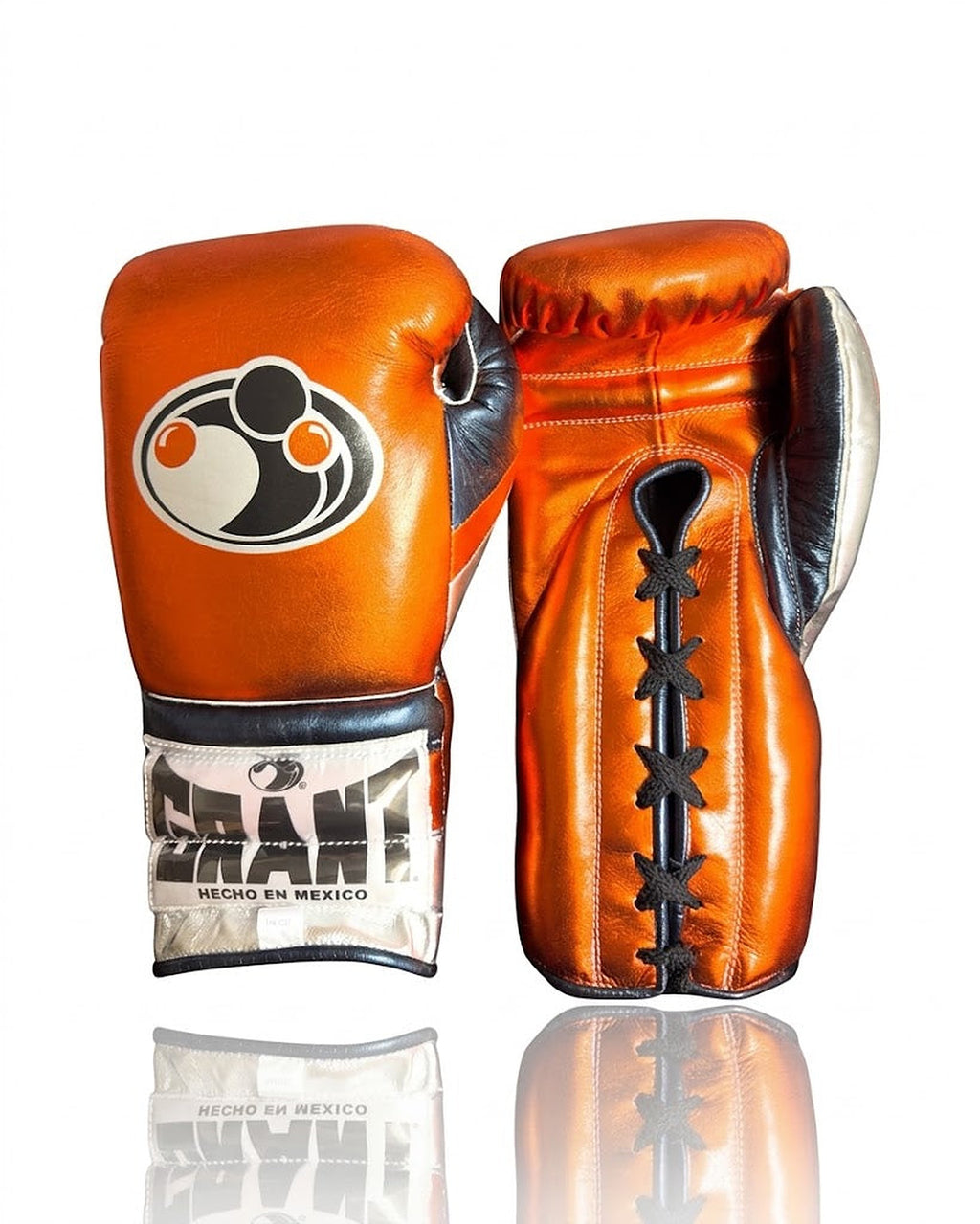 Grant metallic orange lace-up boxing gloves with silver cuff band and black laces on the palm side