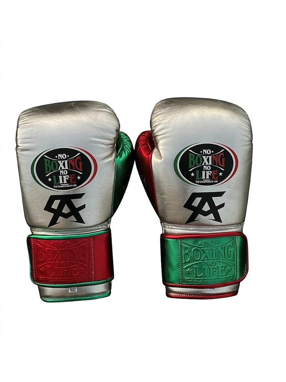 No Boxing No Life metallic silver Velcro gloves with green, white and red tricolor cuff and black monogram - side view