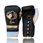 Grant black lace-up boxing gloves with gold palms and white cuffs, plus headgear and groin guard - palm and closure detail