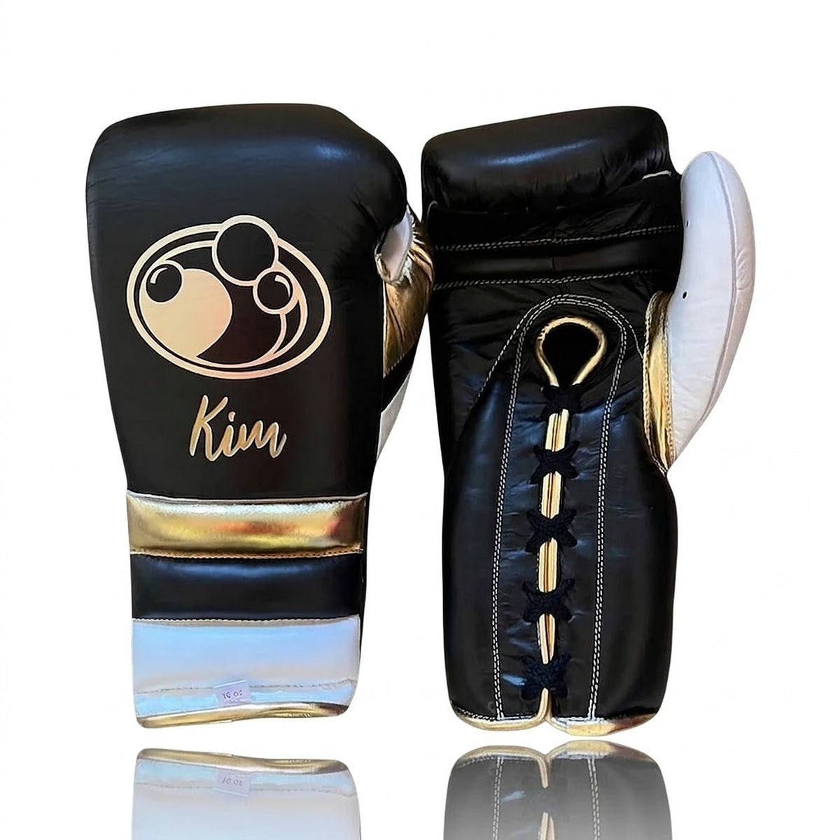 Grant black lace-up boxing gloves with gold palms and white cuffs, plus headgear and groin guard - palm and closure detail