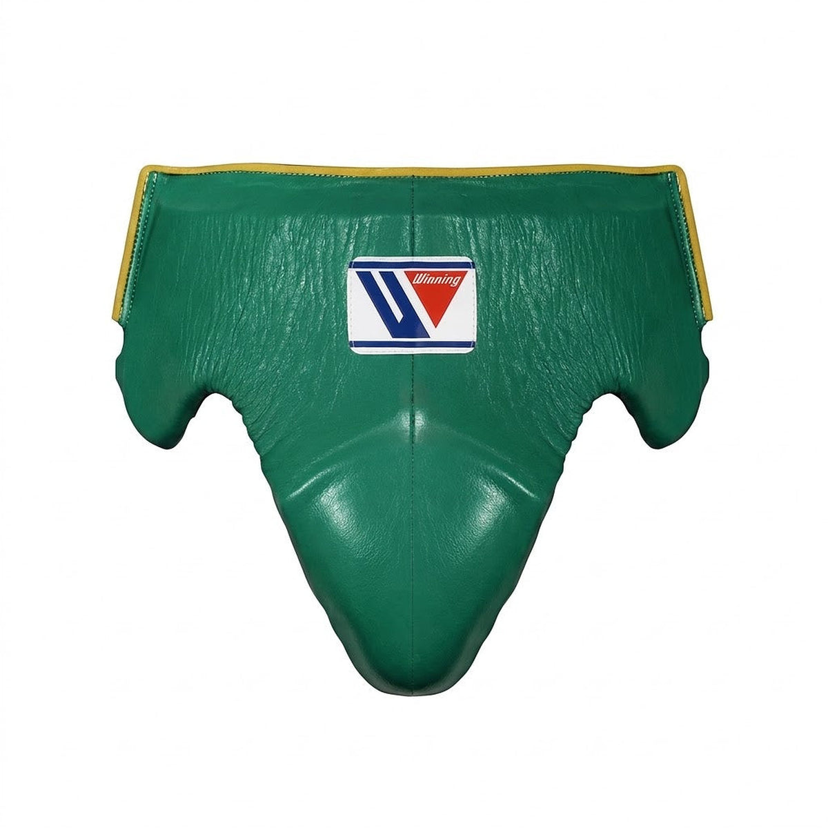 Winning groin guard in solid green with bright yellow piping tracing the edges and the waistband