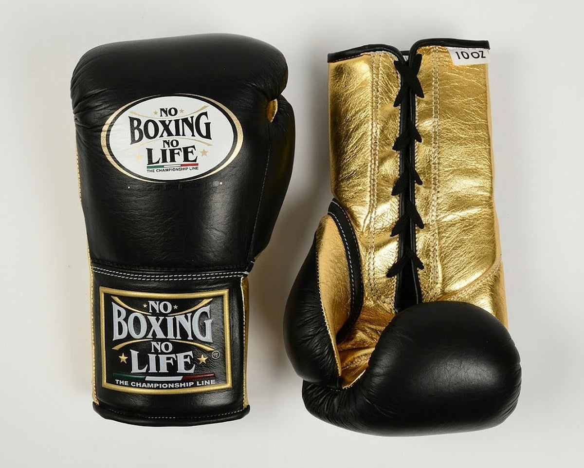 No Boxing No Life lace-up boxing gloves with black back and shiny metallic gold palm and cuff