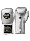 No Boxing No Life lace-up gloves with reflective chrome-silver back, white palm and black cuff patch