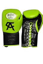 No Boxing No Life neon lime green Velcro boxing gloves with black strap area and script print - side view