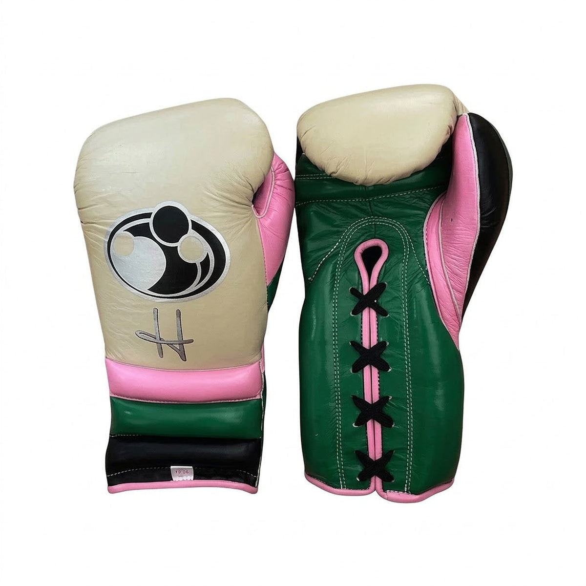 Grant lace-up boxing glove in cream with green palm, pink piping and black and green cuff bands