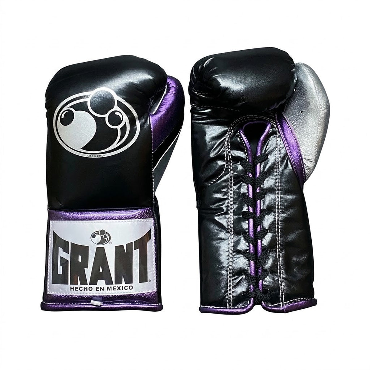 Grant black boxing glove with metallic silver palm, purple laces and purple cuff trim in lace-up style