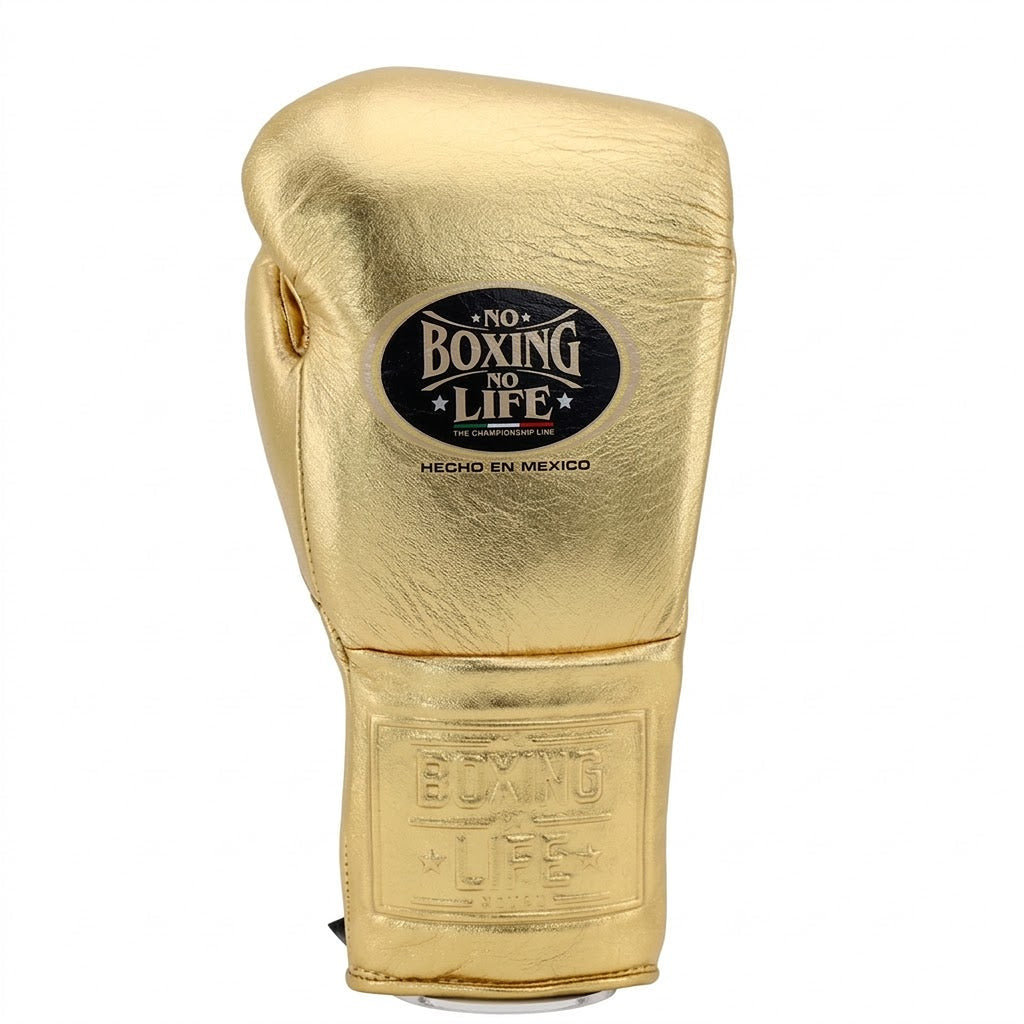 No Boxing No Life lace-up boxing gloves in full high-shine metallic gold from knuckles to cuff - palm and closure detail