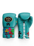 No Boxing No Life teal lace-up boxing gloves with multicolor cross patches on cuff and black monogram