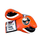 Grant bright orange boxing gloves with black palm, white laces and orange edge around the cuff - side view