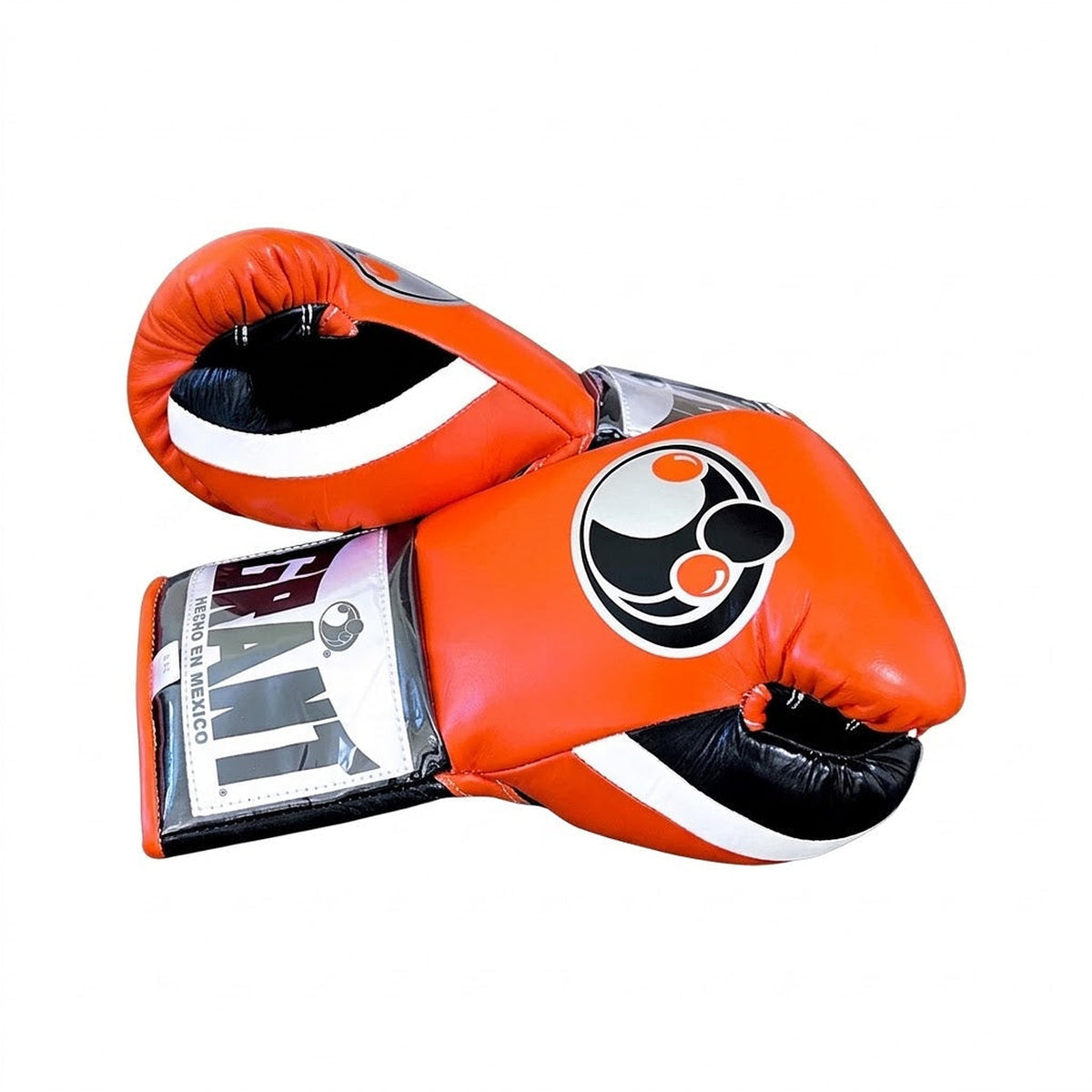 Grant bright orange boxing gloves with black palm, white laces and orange edge around the cuff - side view
