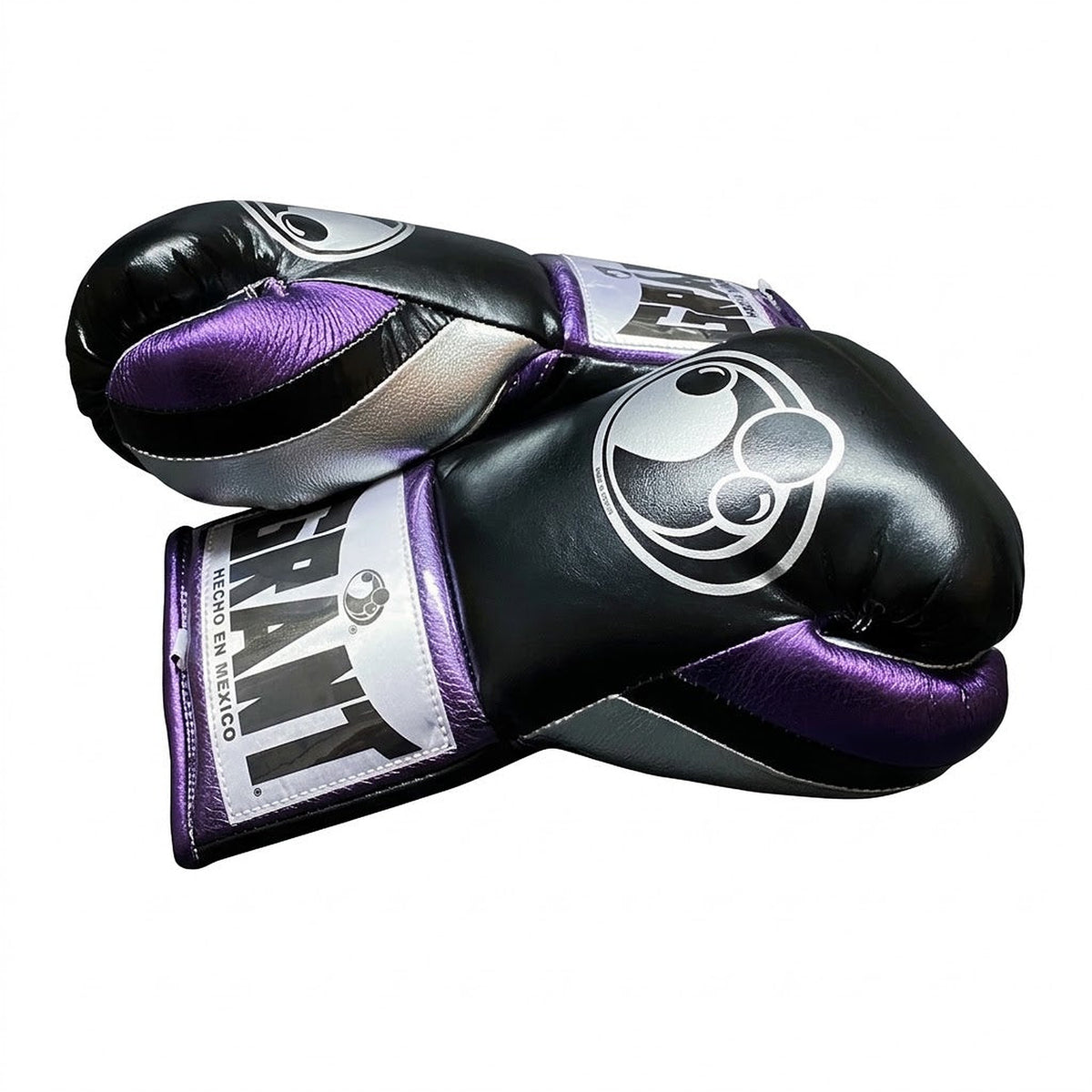 Grant black boxing glove with metallic silver palm, purple laces and purple cuff trim in lace-up style - side view