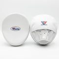 Winning full white curved focus mitts with no contrast trim, clean white pair photographed together