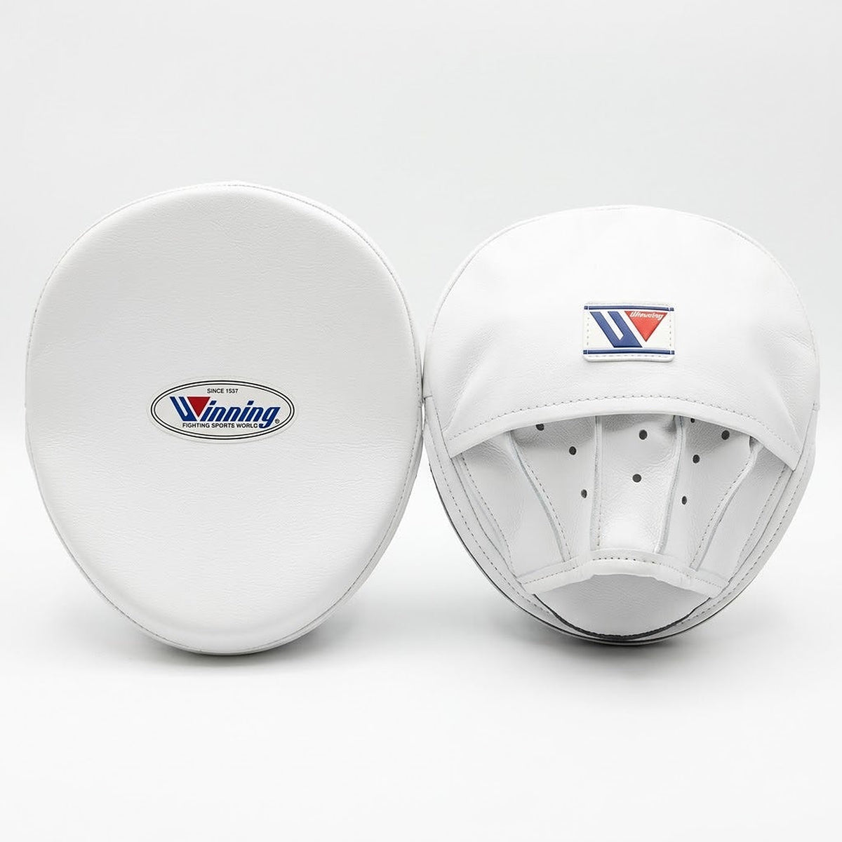 Winning full white curved focus mitts with no contrast trim, clean white pair photographed together